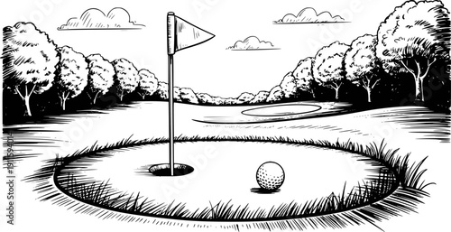 Black and white of a golf ball near a hole with a flag a course sport