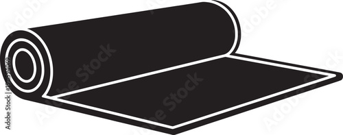 Black yoga mat rolled and partially unrolled on a white floor rolled up