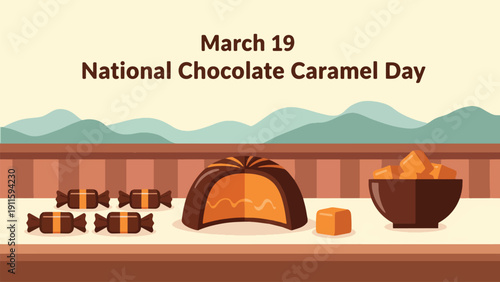 Illustration celebrating National Chocolate Caramel Day on March 19th with various chocolate and caramel candies and treats.