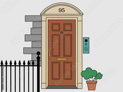 Brown wooden door with number 95 above and intercom a light gray wall