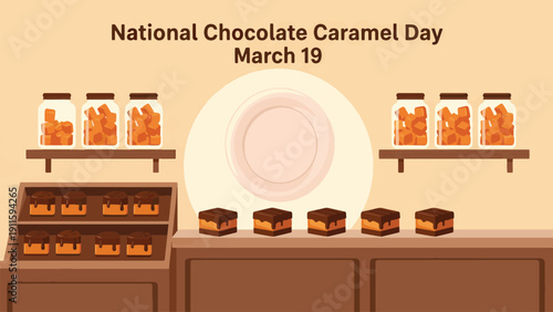 A cartoon illustration celebrating National Chocolate Caramel Day on March 19, featuring jars of caramel and chocolate caramel squares on display.