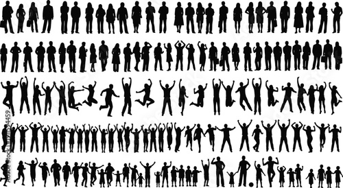 People silhouette activity collection illustration, standing jumping walking crowd human figures isolated white