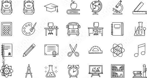 School and Education Line Art Icons Set. Collection of Outline Vector Symbols for Learning, Study, and Classroom Supplies on White Background.