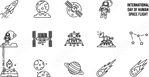 Space Flight Icons: Rocket, Astronaut, Earth, ISS, Moon Lander, Satellites  Celestial Bodies