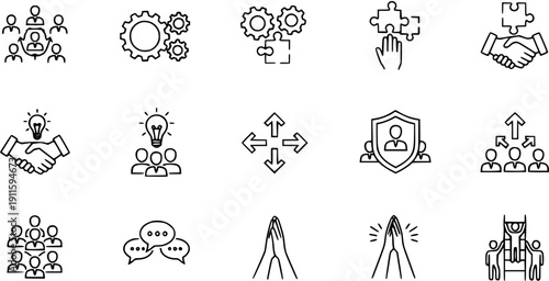 Teamwork and Collaboration Icons Set: Strategy, Ideas, Partnership, Growth, Support