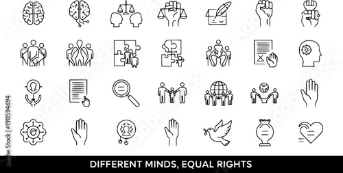 Diverse Minds, Equal Rights Icons: Brain, Justice, Community, Freedom, Peace, Love, Inclusion