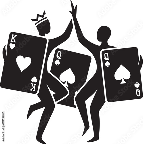 Silhouettes of two people celebrating with playing cards King and Queen celebration