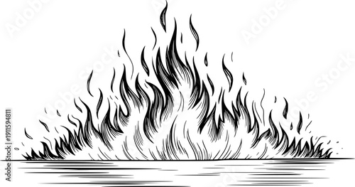 Detailed Black and White of a Large Fire with Reflective Base White Background flame
