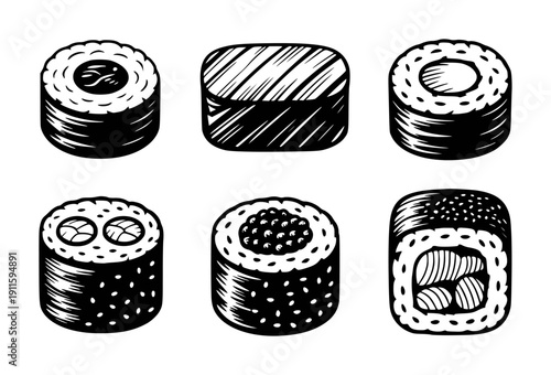 Hand Drawn Black and White Sushi Rolls White Background food japanese