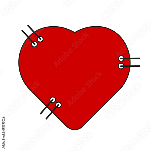 Simple vector Red Heart with stitches isolated transparent background. Perfect t-shirt print hoodies decor template design Editable stroke EPS 10