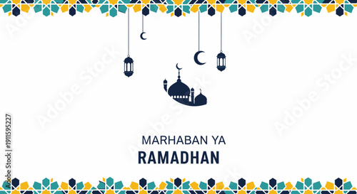 Islamic Decorative Ramadan Greeting with Mosque and Lanterns