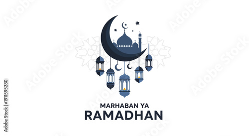 Spiritual Ramadan greeting featuring a majestic crescent moon, mosque silhouette, and ornate hanging lanterns in a serene setting