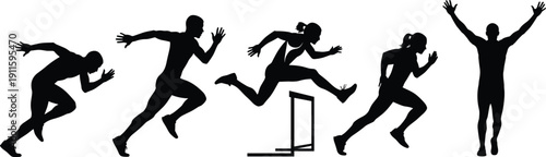 Sequence of athlete silhouettes sprinting, hurdling, and celebrating victory isolated on white background, dynamic track and field sports action concept illustration training banner design