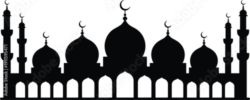 Detailed black silhouette of a grand mosque with multiple domes and tall minarets, symbolizing Islamic faith and architectural splendor.