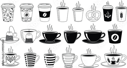 Coffee and tea cups illustration set, hand drawn hot beverage mugs and takeaway cups collection isolated on white background