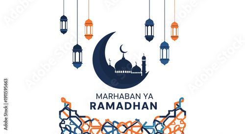 Graceful Ramadan Celebration Banner with Iconic Crescent Moon, Mosque Outline, and Hanging Ornate Lanterns for Holy Month Festivities