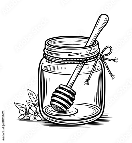 Hand Drawn of Honey Jar with Dipper and Flowers White Background spoon sweet