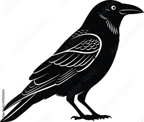 Crow silhouette illustration, black raven bird profile, gothic wildlife symbol, mysterious nature design, tattoo emblem style, isolated black vector on white background