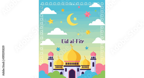 Celebrate Eid al-Fitr with this beautiful illustration featuring a mosque, moon, stars, and festive decorations