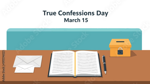An illustration depicting True Confessions Day on March 15, with an open book, pen, envelopes, and a locked box on a wooden desk.