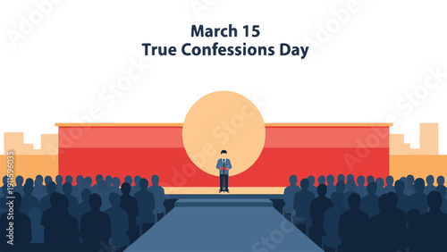 A person confesses on stage to a large audience on True Confessions Day, an illustrated event.
