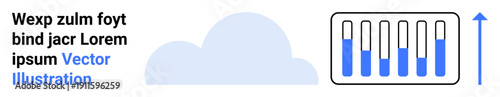 Cloud representation with bar chart showing data progress, complemented by upward arrow. Ideal for analytics, data tracking, cloud computing, SaaS, progress, statistics, simple landing page