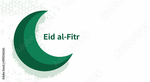 Elegant Eid al-Fitr celebration greeting card design featuring a serene green crescent moon and festive typography, ideal for a joyful holiday message