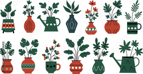 Vector set of flowers and plants featuring autumn leaves, garden pumpkins, and decorative trees in a nature-inspired cartoon illustration design