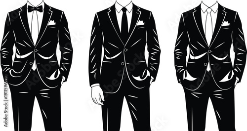 Elegant black men suit silhouettes with bow tie and necktie, formal fashion illustration, classic business attire, luxury minimalist vector design