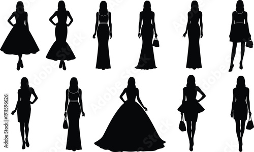 Elegant female silhouettes in long dresses set, fashionable women posing in evening gowns and formal outfits isolated on white background