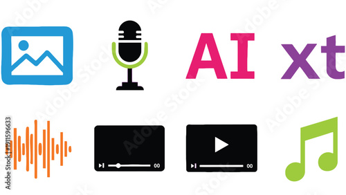 Multimedia icons including AI, music, video, and image symbols