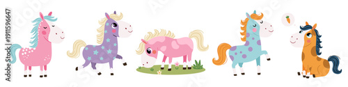 A set of vector illustrations in a cute children's style. Cute horses of different bright colors in different poses. Vector illustration