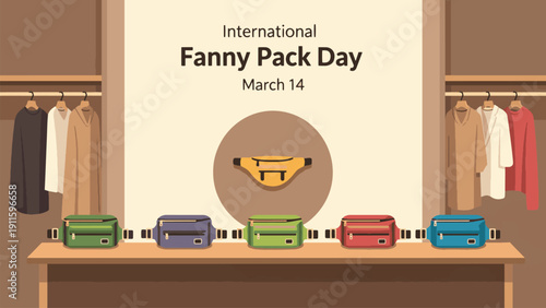 An illustration celebrating International Fanny Pack Day on March 14, featuring various colorful fanny packs displayed on a wooden shelf with clothes in closets.