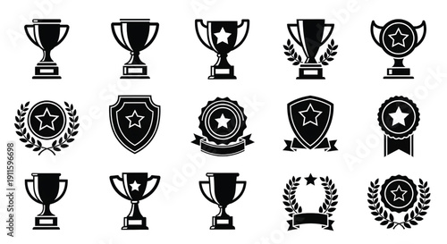 Trophy award icons set with cups, shields, rosettes and laurel wreath badges in black silhouette style for winner, achievement, champion, competition and ranking UI