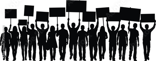 Silhouette of Diverse Crowd Holding Protest Signs and Banners During Peaceful Political Demonstration for Social Justice, Human Rights and Freedom Movement Concept
