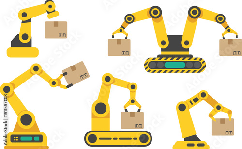 Industrial robotic arms with conveyor systems handling cardboard boxes in automated factory warehouse production line vector illustration