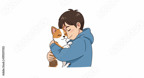 Boy Hugging Corgi Dog Tightly Emotions.