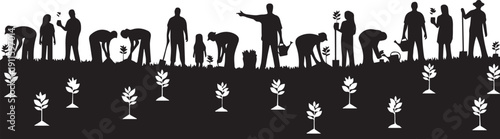 Silhouette group planting small trees in row with gardening tools vector illustration