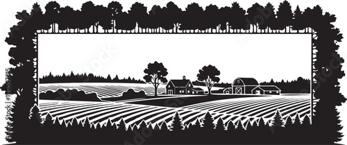 Rural farm landscape with fields and buildings framed by trees in a vector silhouette illustration