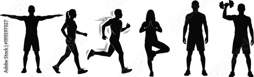 Fitness workout silhouette set, running yoga strength training poses, active lifestyle and exercise concept, black flat vector illustration