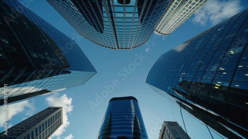 Bottom Up View of Urban Skyscrapers - Success and Business Growth Concept.