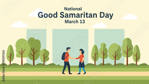 Illustration of National Good Samaritan Day on March 13, showing two people shaking hands in a park with trees and buildings in the background.