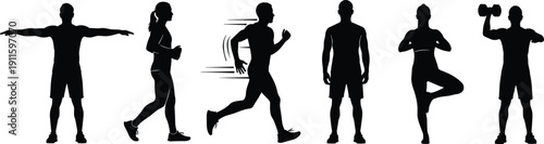 Fitness workout silhouette set, running yoga strength training poses, active lifestyle exercise concept, black flat vector illustration design collection graphic