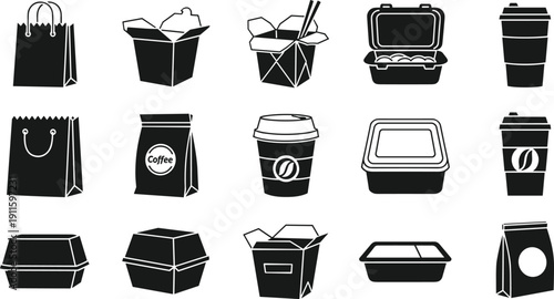 Food packaging icon set, takeaway containers and coffee cups, shopping bags, delivery packaging, black flat vector illustration