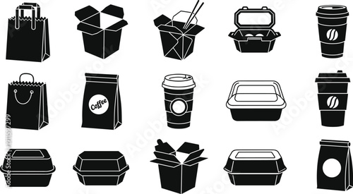 Food packaging silhouette icon set, takeaway containers coffee cups shopping bags boxes, delivery and retail concept, black flat vector illustration