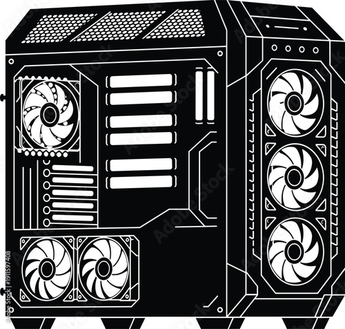 Gaming PC computer case silhouette illustration, desktop tower with cooling fans, high performance hardware design, black and white graphic