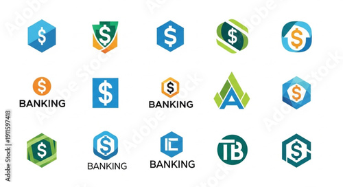 Collection of modern banking and finance logos with dollar signs.