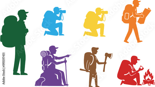 Hikers vector icons in different colors and poses on white background