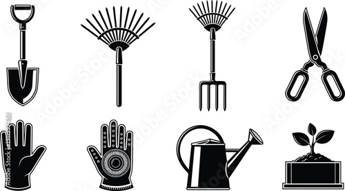 Gardening tools icons set, shovel rake fork scissors gloves watering can and plant pot silhouettes isolated on white background