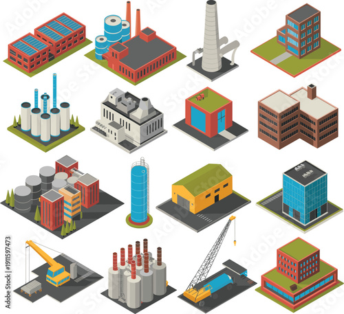Isometric industrial factory and urban infrastructure buildings set with power plants warehouses refineries construction sites vector illustration
